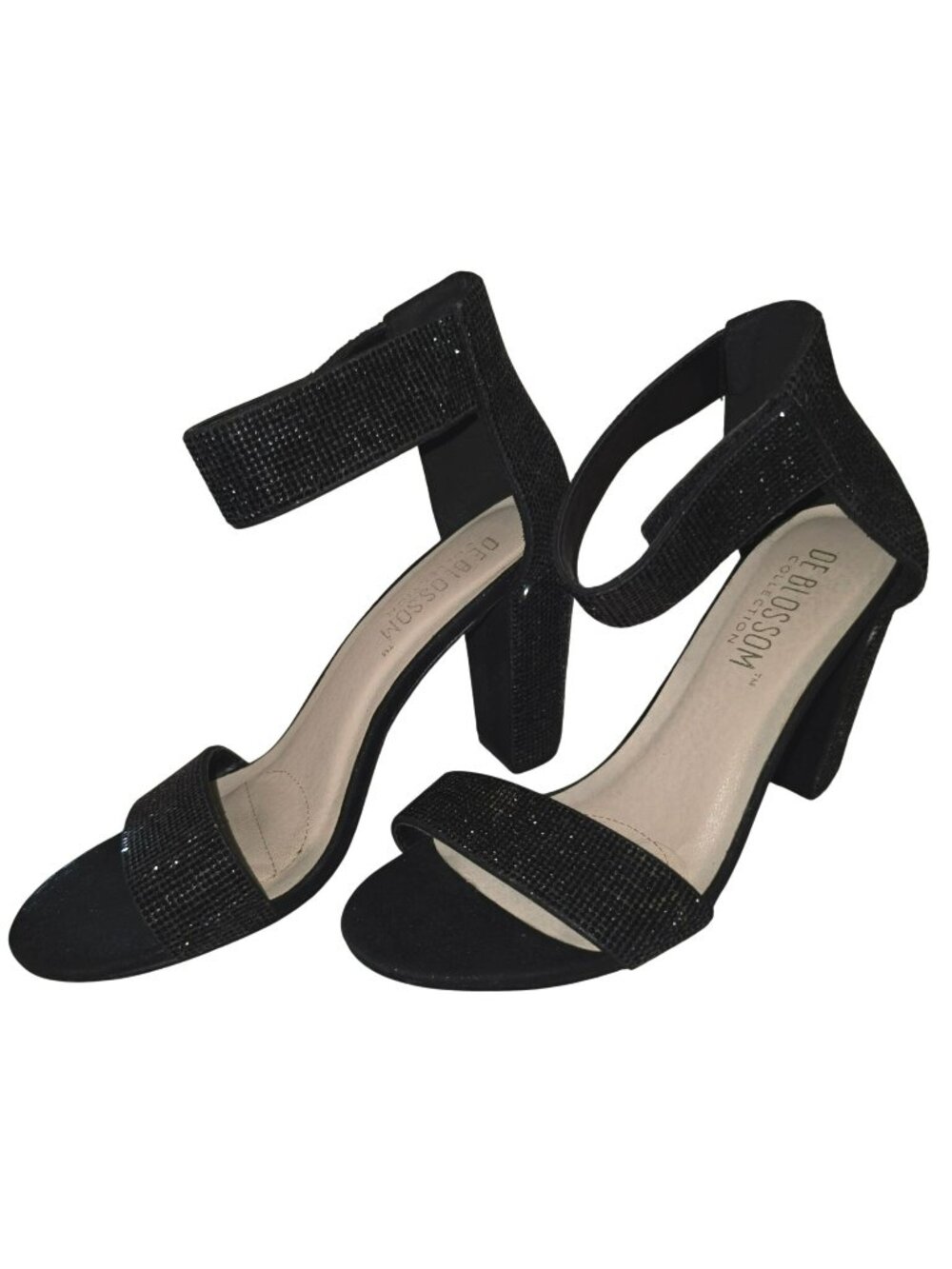 Women's De Blossom Collection Black Sparkle Rhinestone Heels Ankle Strap Size 7